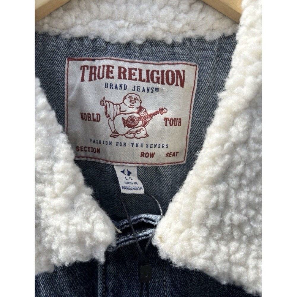 True Religion Sherpa Collar Denim Blizzard Wash Western Trucker Jacket Large - Picture 3 of 7